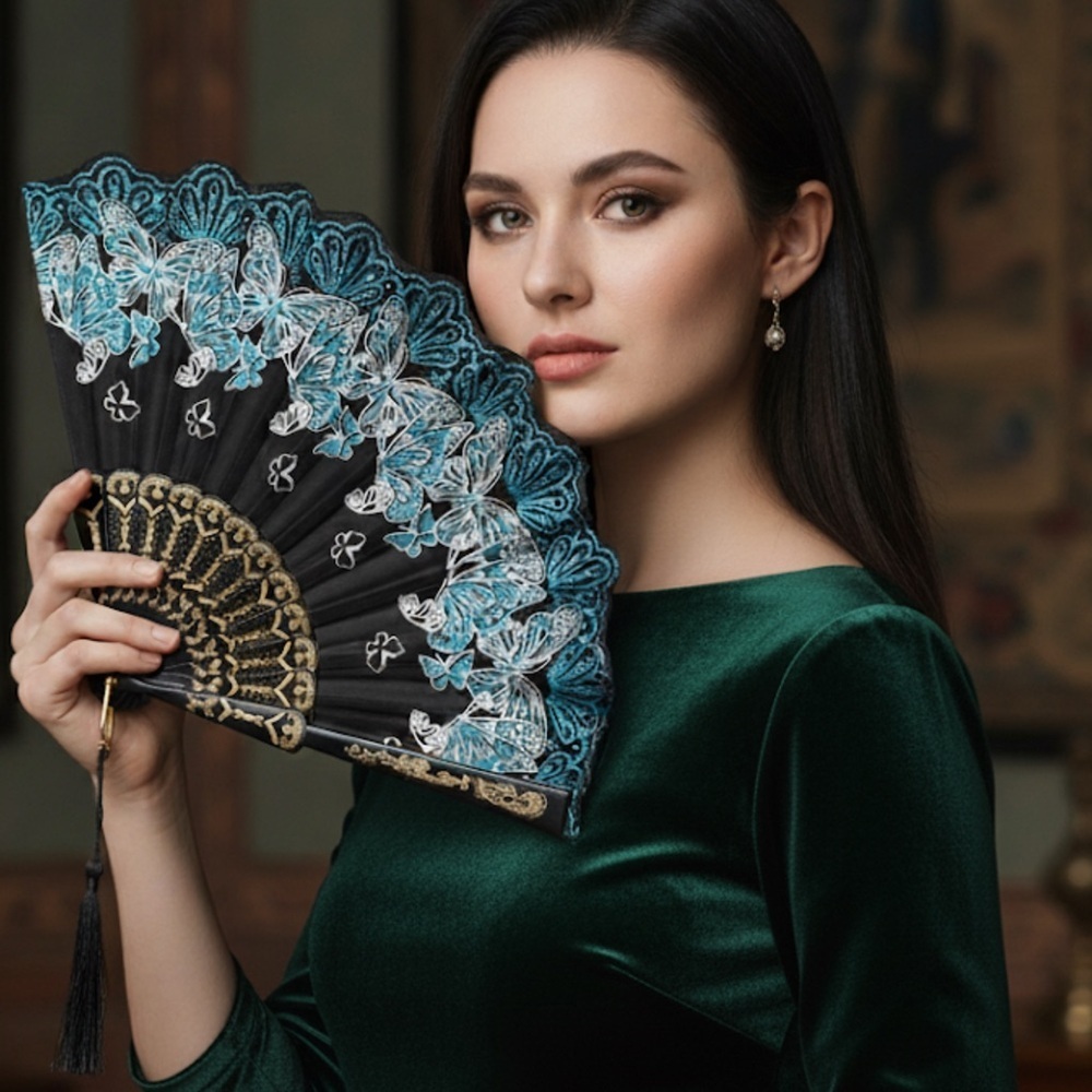✨NEW Elegant Black and Blue Glitter Lace Hand Fan 🪭 9” - Picture 4 of 4